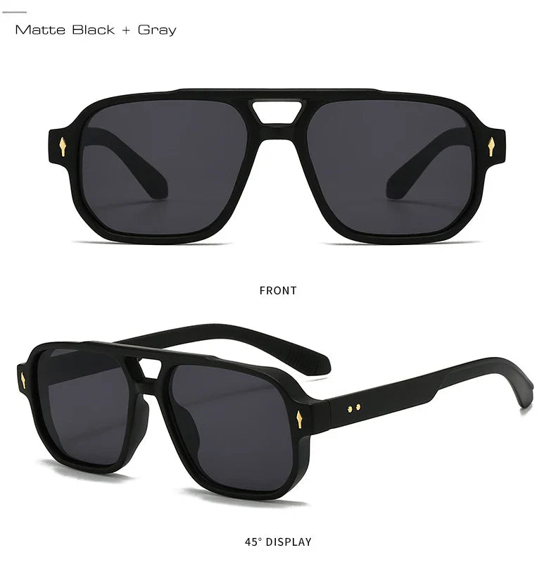 SO&EI Vintage Double Bridges Men Square Sunglasses Fashion Clear Ocean Lens Eyewear Women Trending Rivets Sun Glasses UV400