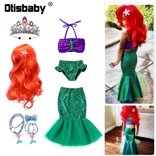 Ariel Dress for Girls Halloween Little Mermaid Costume Child Red Mermaid Wig