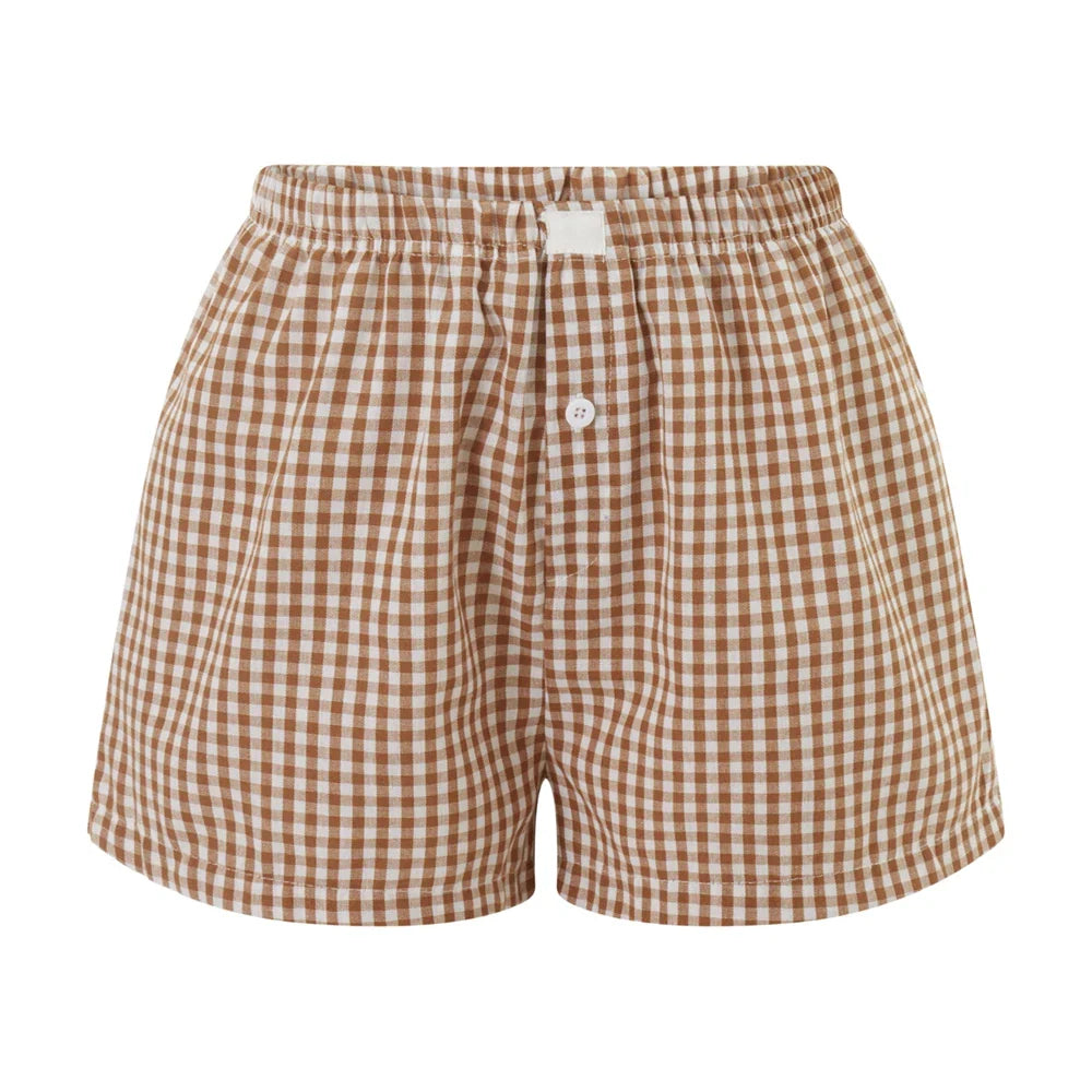 Women’s Y2K Retro Cleanfit Plaid Print Elastic Low Waist Button Front Aesthetic Loungewear Loose Shorts Boxers Streetwear