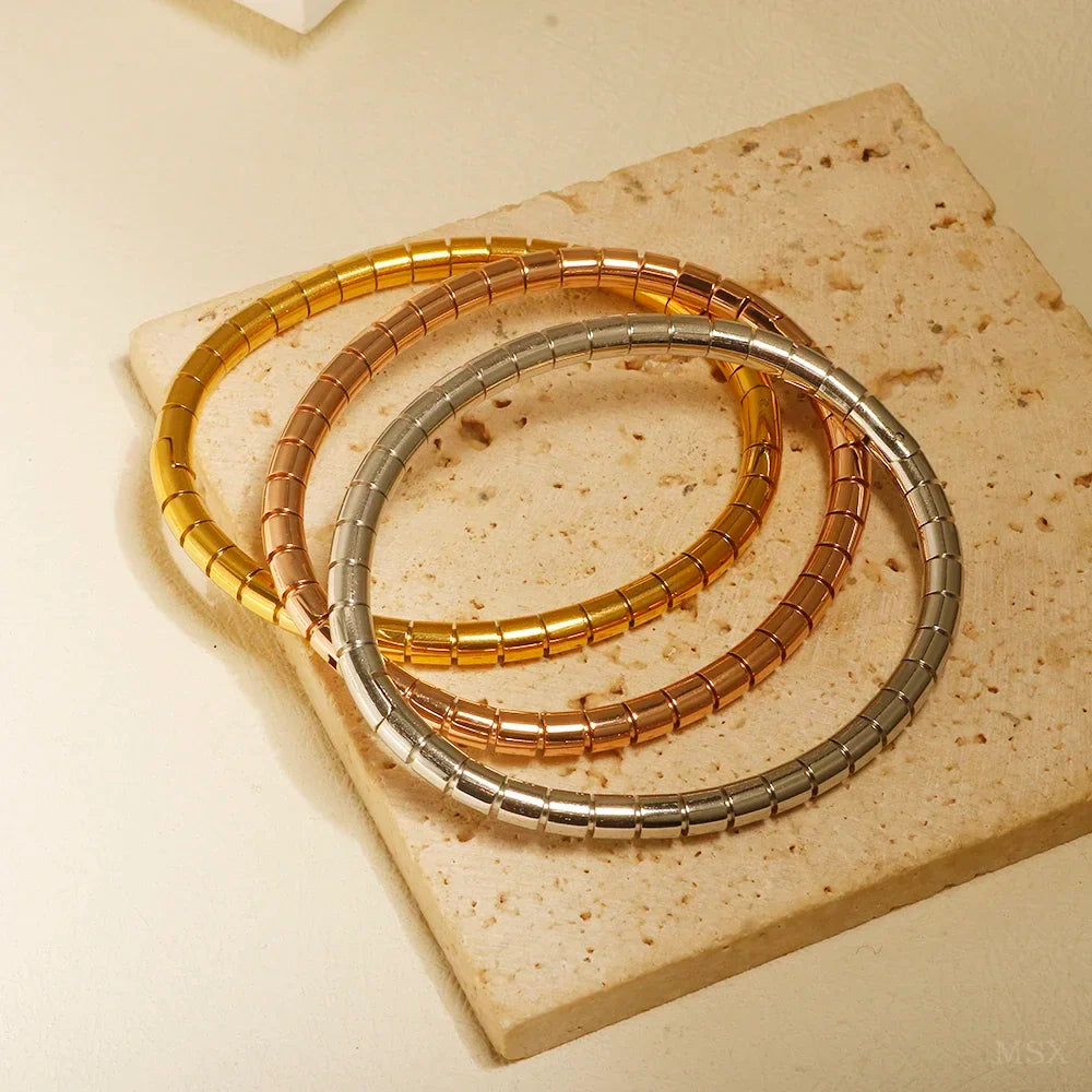 Bamboo Beads Punk Gold Plated Bangle for Women Men Trendy Stainless Steel Metal Bracelets Geometric Round Bead Jewelry Accessory