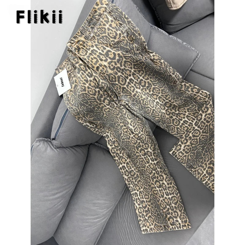 American Retro Leopard High Waist Baggy Jeans Women's Casual Pockets Hip-hop Pants