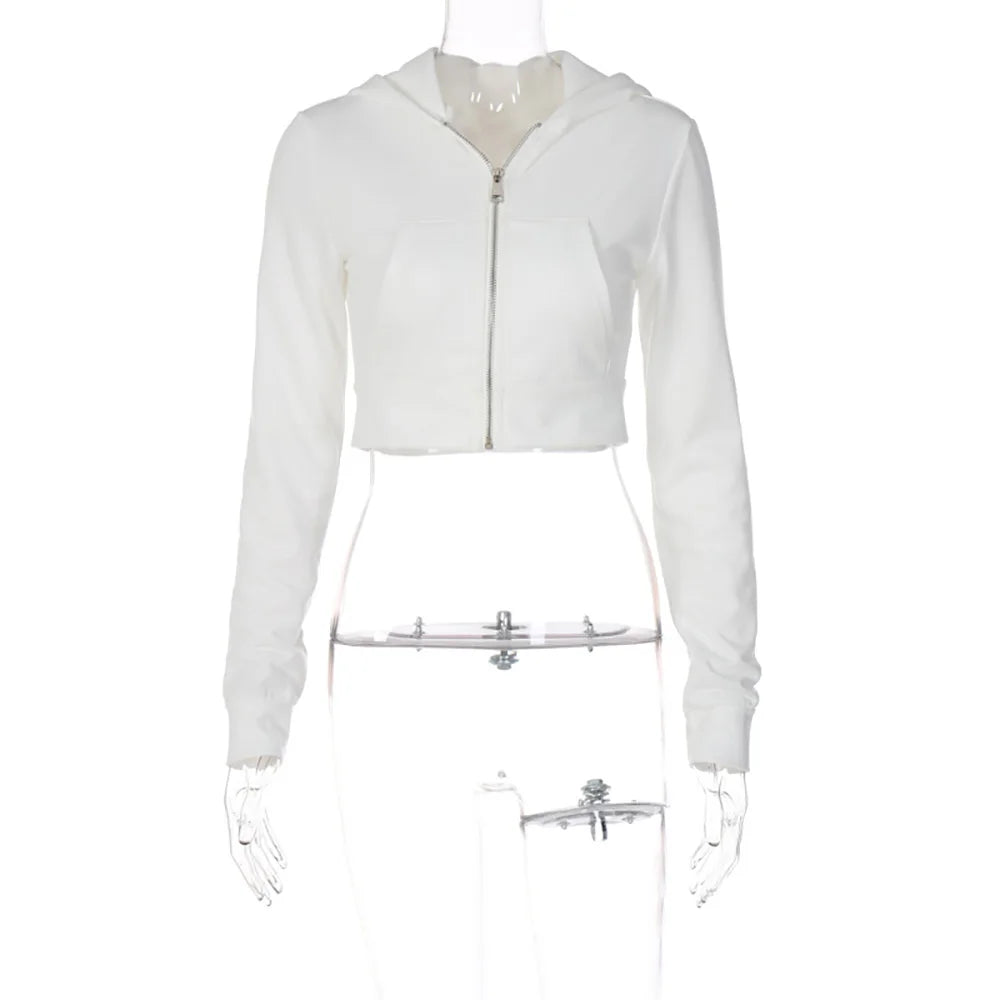 Y2K Aesthetic Vintage Basic Zip Up White Cropped Hoodies 2000s