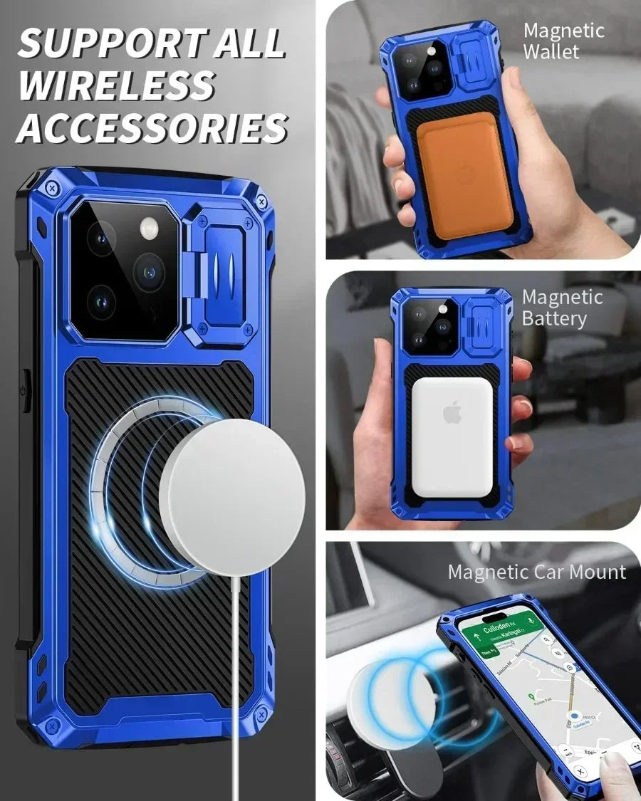 Heavy Duty Military Armor Metal Case For iPhone Air 17 16 15 Plus 14 Pro Max Shockproof Cover Camera Screen Protector Magsafe