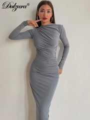 Dulzura Solid Back Slit Ruched 2024 Autumn Winter Women'S Maxi Dress