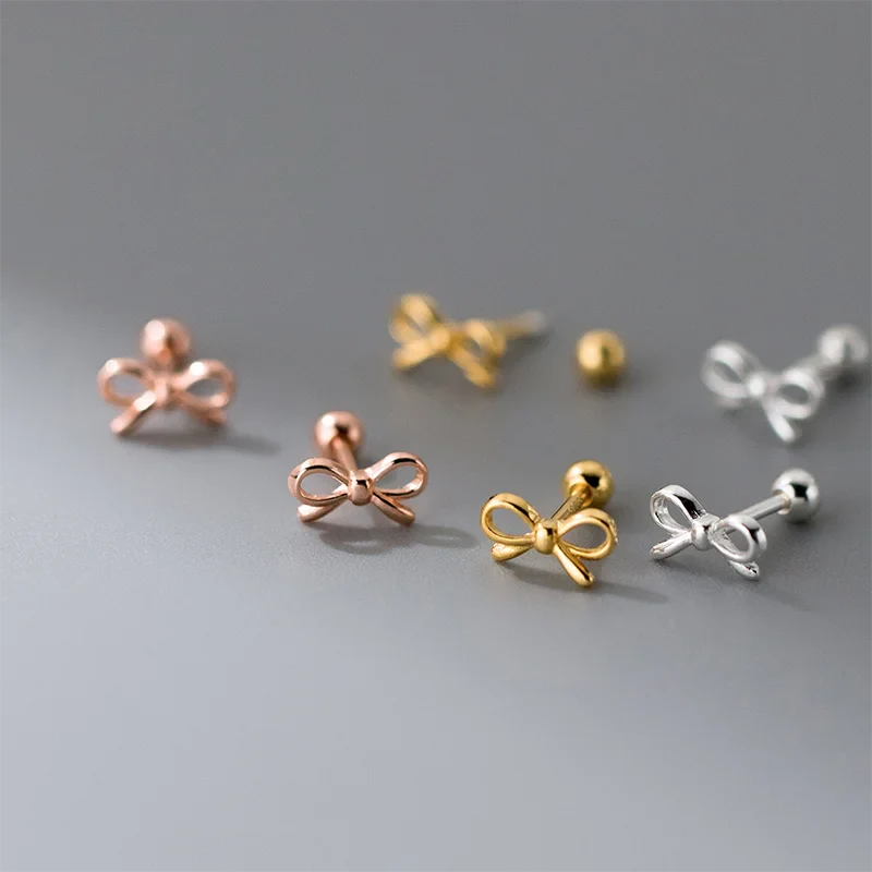 WANTME 925 Sterling Silver Romantic Bow Screw Bead Piercing Stud Earrings for Women Fashion Simple Cute Girls Party Jewelry Gift
