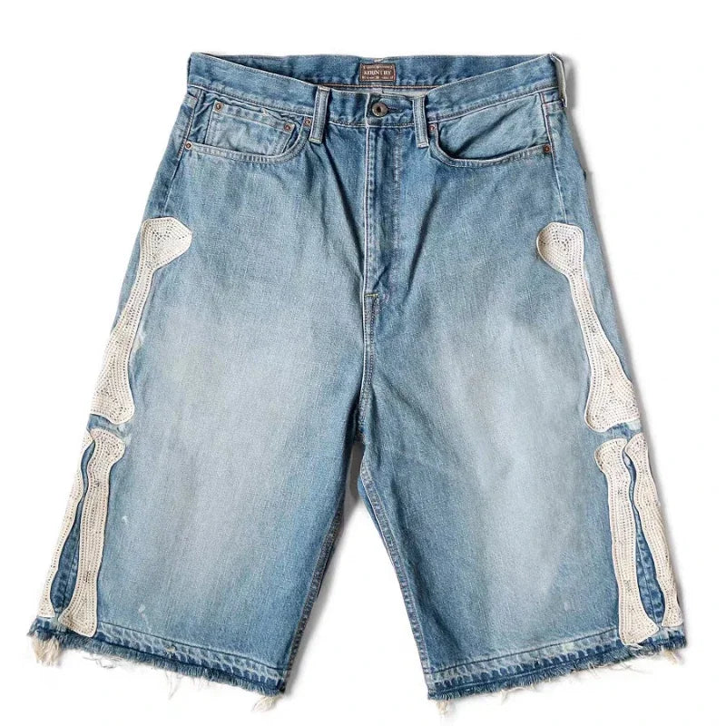 Deeptown Y2k Vintage Harajuku Denim Shorts Women Washed Letter Embroidery Tassels American Retro Jeans Man Baggy Hip Hop Jorts