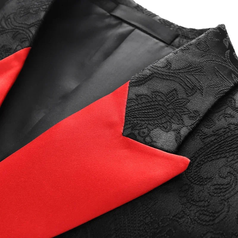 Tuxedo for Mens: Men Business Wedding Host Dark Print 3 Pcs Set / Male Slim Fit