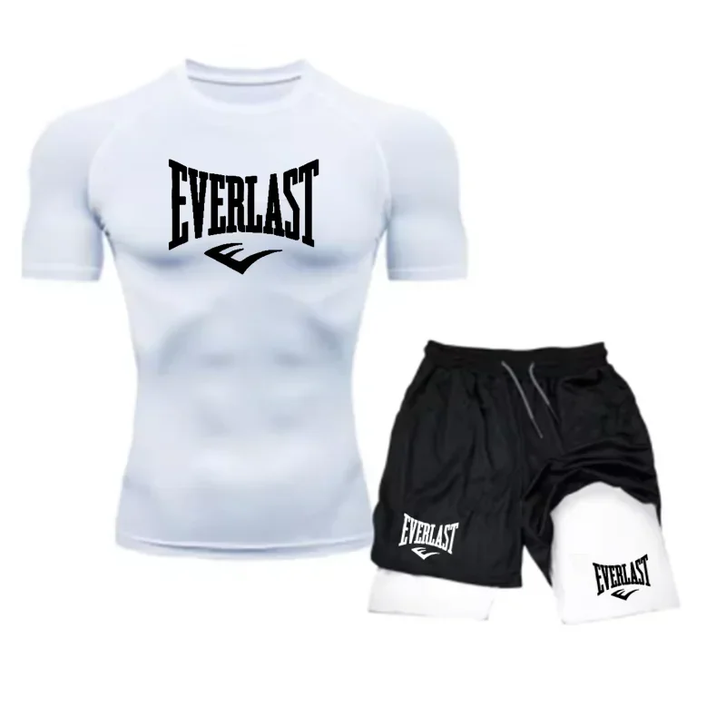 EVERLAST Men's Compress Shirt + 2-in-1 sports shorts 2pcs Set Leisure Breath Short Sleeve Sport Jogging Gym Brand Print Clothing