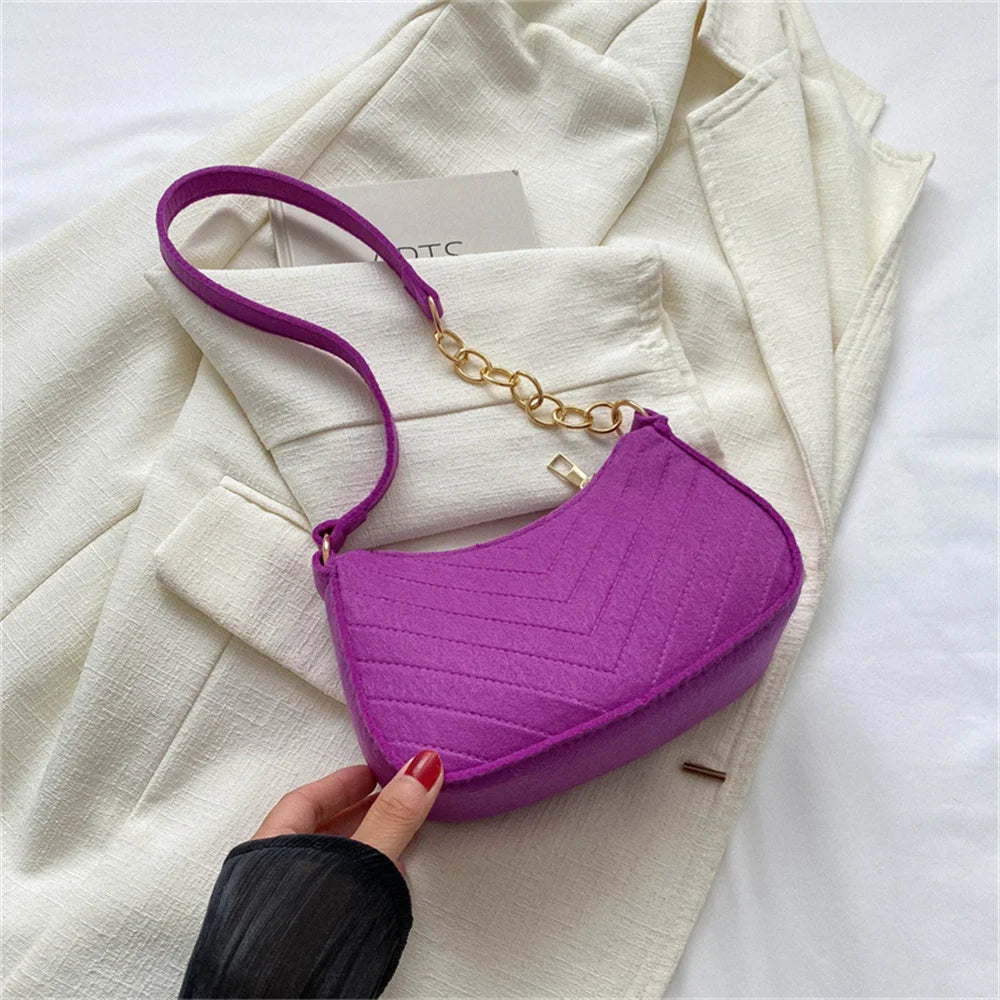 Brand Women Retro Underarm Bag Felt Solid Color Shoulder Bag Casual Purse