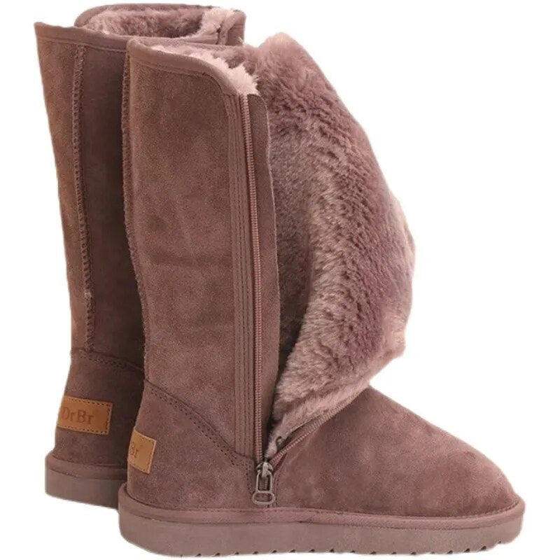 Women Leather Warm Snow Boots Causal Plush Fluffy Anti-cold Zipper Boots