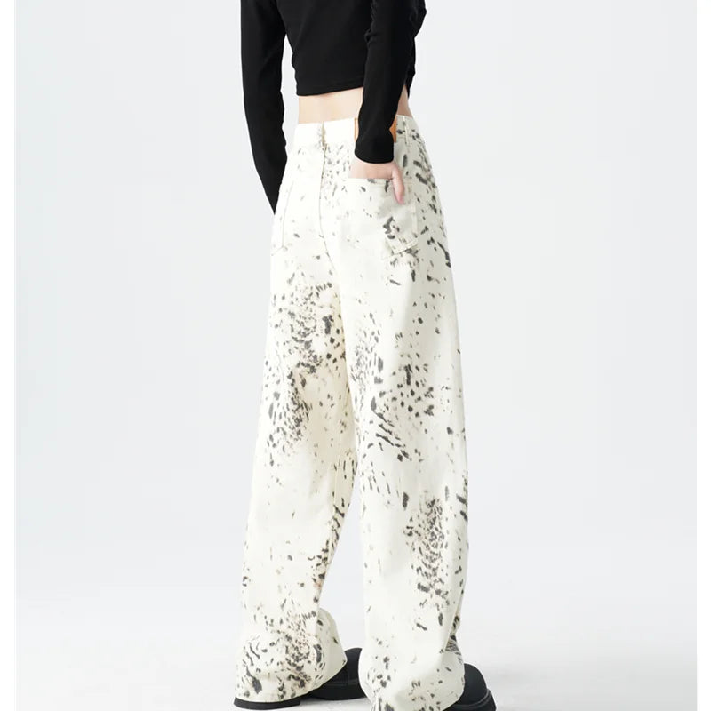 American Retro High Street Casual Leopard Print Loose Wide Leg Pants for Women