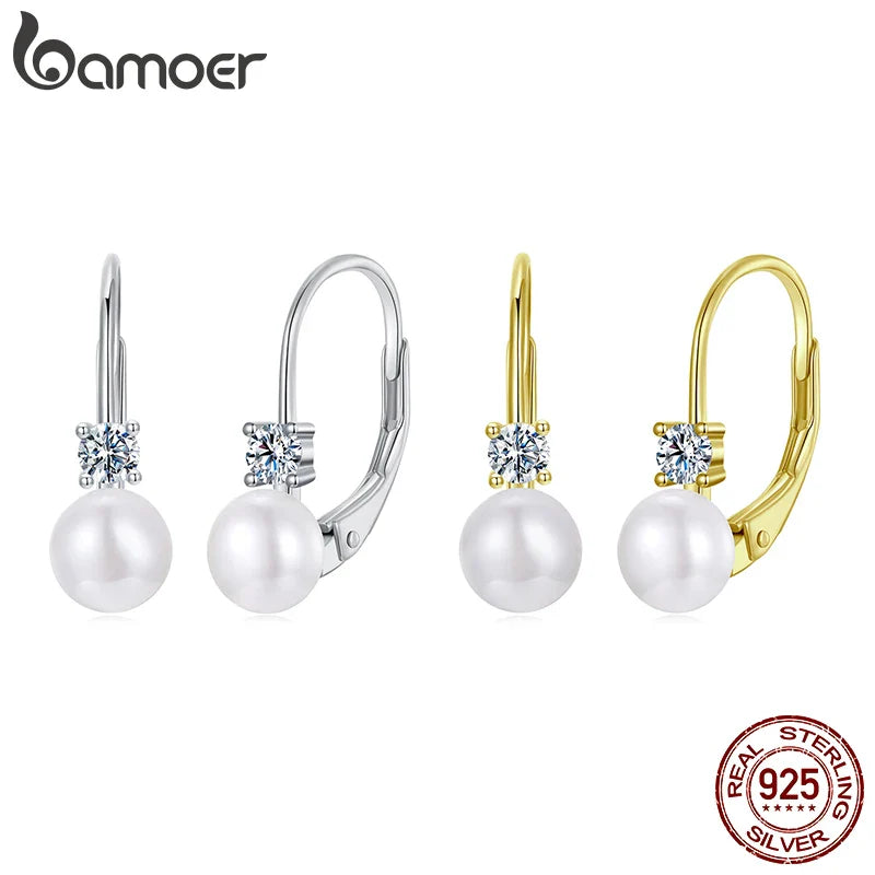 BAMOER Moissanite Freshwater Pearl Earrings for Women Wedding, Round Cut Lab Diamond 925 Sterling Silver Drop Dangle Ear Buckles
