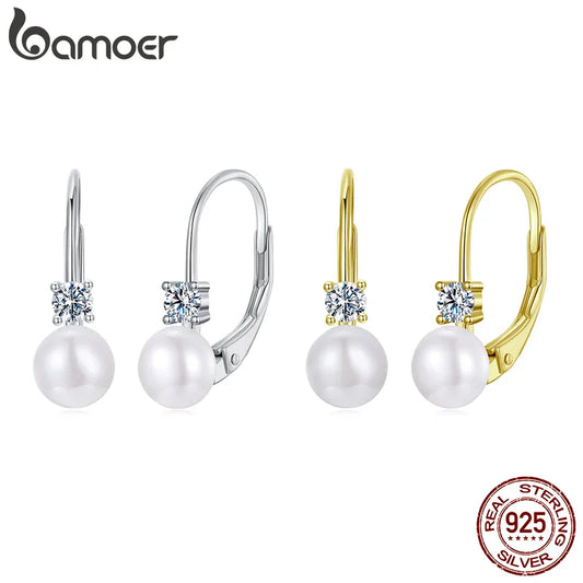 BAMOER Moissanite Freshwater Pearl Earrings for Women Wedding, Round Cut Lab Diamond 925 Sterling Silver Drop Dangle Ear Buckles