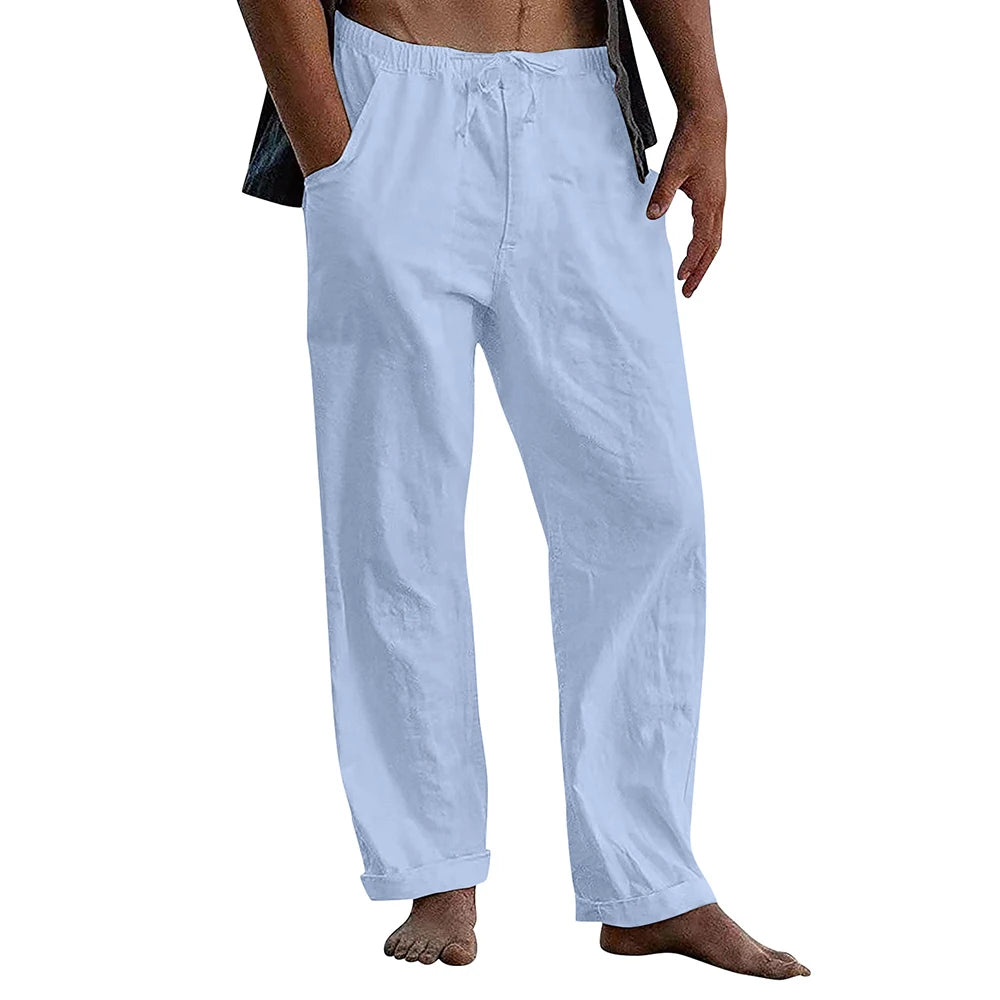 Men's Cotton Linen Pants Male Autumn New Breathable Solid Color Linen Yoga