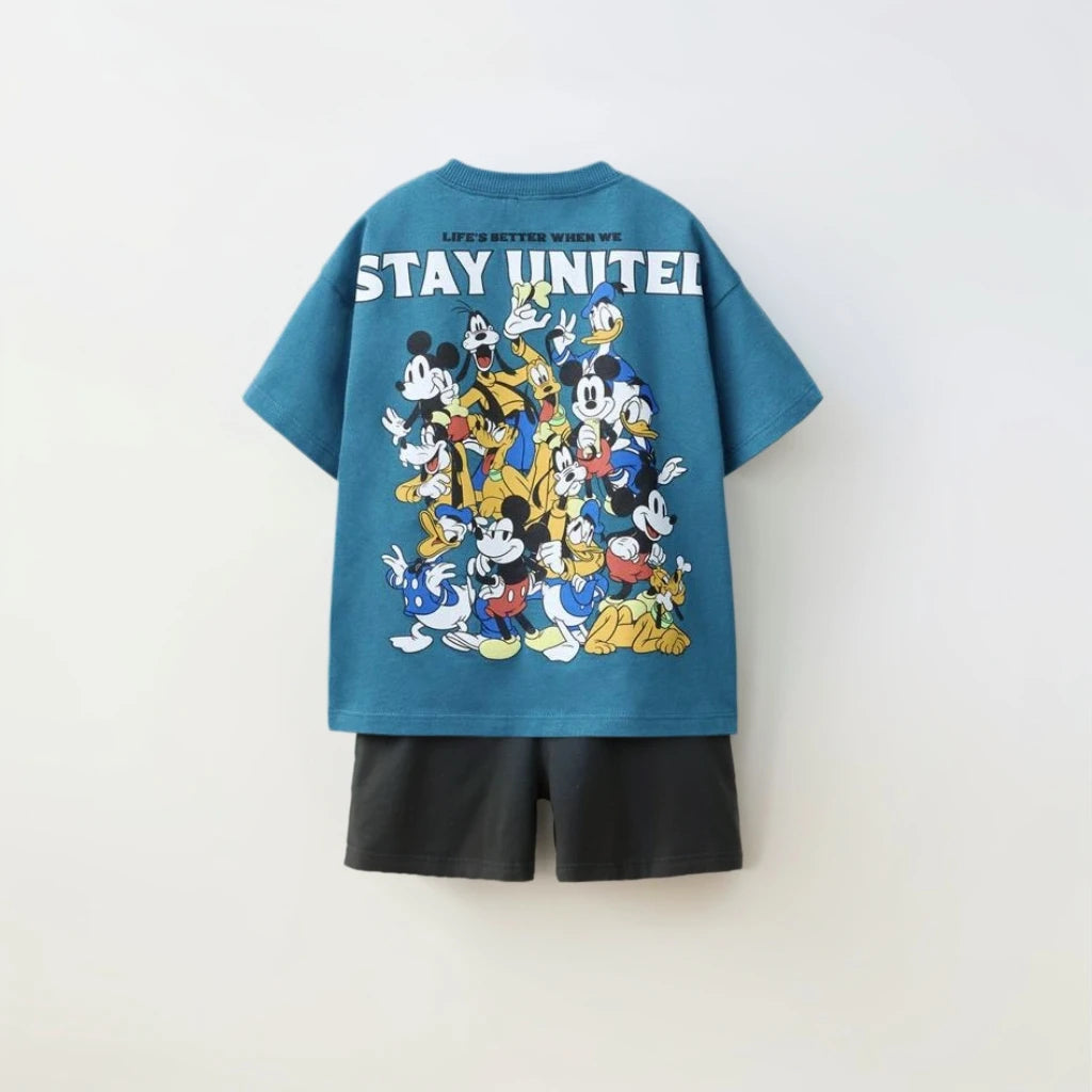 Kids Fashion Stes Casual Colthes Printing Tops+ Solid Color Shorts Loose Costume Two Piece Summer Boys Girls Clothing O-neck Tee