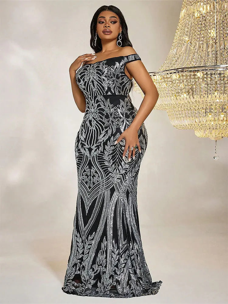 Evening wear Dresses: Plus Size Maxi Dresses High-End Sequin Line-Neck