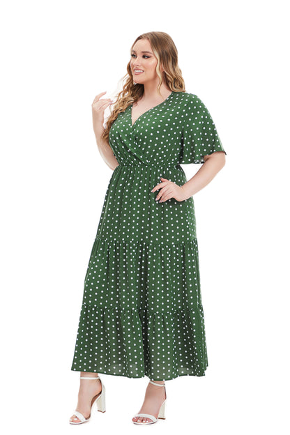 Plus Size Polka Dot Print Surplice Neck Short Sleeve Tee Ruched Bohemian Dresses For Women