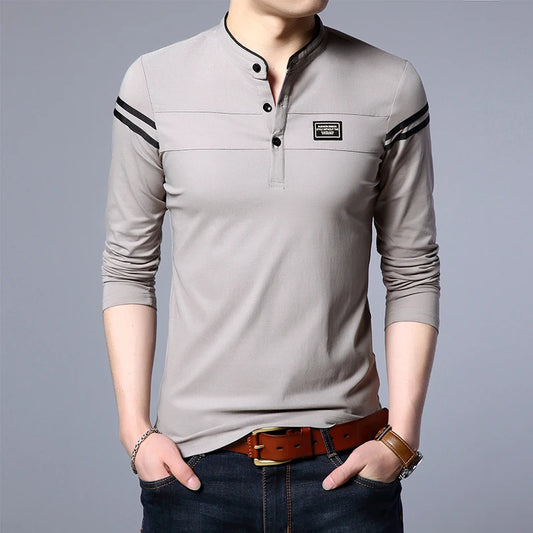 Men's Fashion Summer Long Sleeved POLO T-shirt Casual Cotton Breathable Top Stand Up Neck Long Sleeve Korean Comfortable Shirt