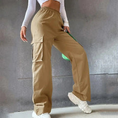 Women Cargo Pants Side Flap Pocket Trousers Solid Color Elastic Waist Wide Leg Female