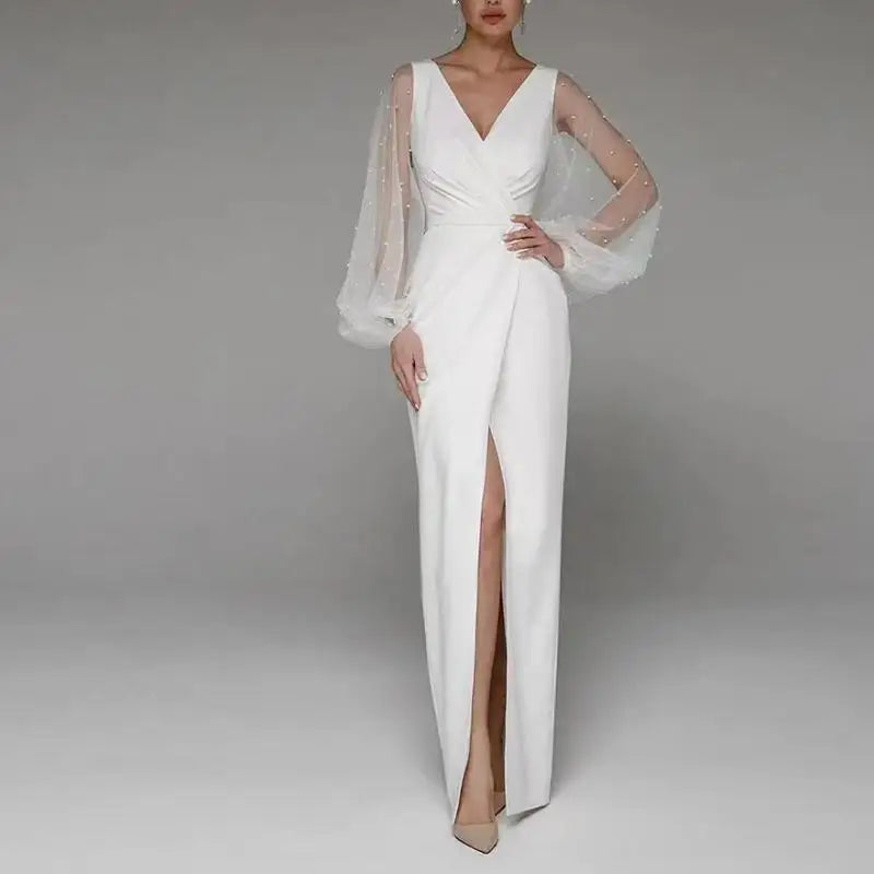 White Bridesmaid Dresses: Wedding Dresses With Illusion Long Sleeve Classic V-neck