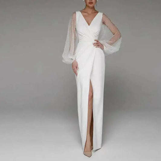 White Bridesmaid Dresses: Wedding Dresses With Illusion Long Sleeve Classic V-neck