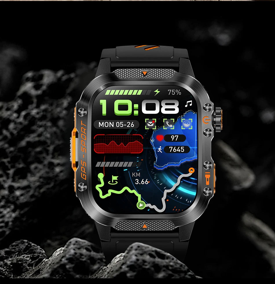 2025 New Military Outdoor Smart Watch Men's GPS Flashlight Bluetooth Call 2.01" AMOLED Screen 3ATM Waterproof Sports Smartwatch