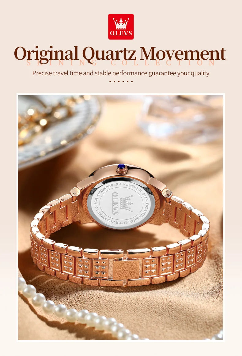 OLEVS 9943 Luxury All Diamond Original Quartz Watch for Women Elegant Rose Gold Stainless Steel Waterproof Ladies Wrist Watches