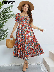 Floral Print Square Neck Puff Sleeve Dress Women Plus Size Vacation Boho Beach