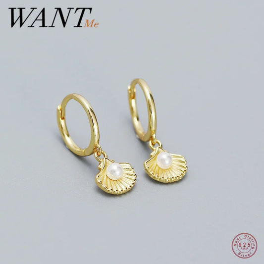 WANTME 925 Sterling Silver Romantic Sea Shell Pendant Synthetic Pearl Drop Earrings for Women Trendy Beach Bohemian Part Jewelry