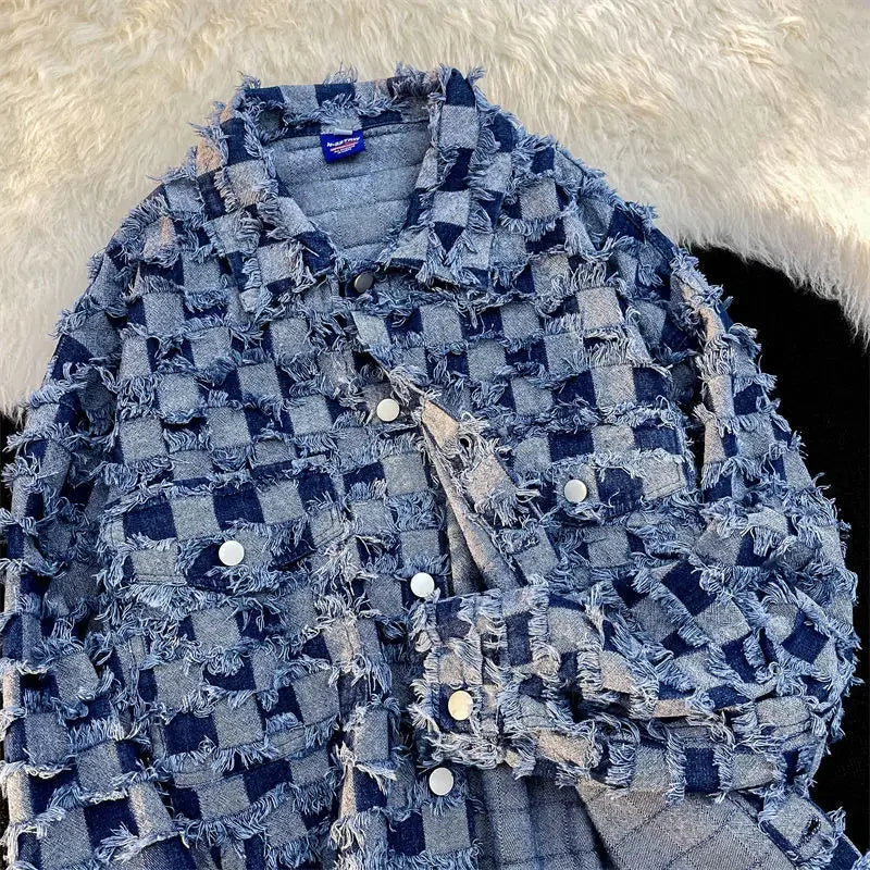 Spring Fashion Plaid Patch Men's Denim Coat Lapel Single Breasted Casual Loose Jacket