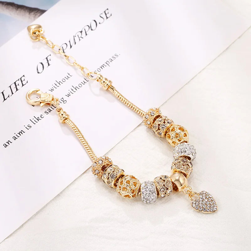 2024 New Crystal Heart Beads Charm Bracelets Gold Color Snake Chain Brand Bracelets for Women Lover Valentine's Day Jewelry Gift