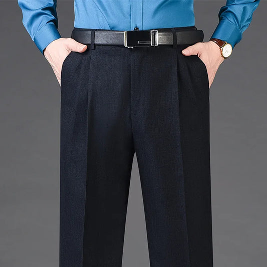 High Waist Wool Cashmere Suit Pants Men Double Pleated Winter Autumn Dress