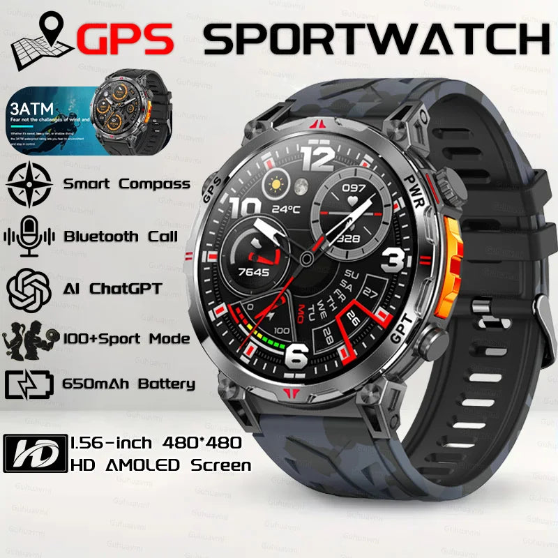 2025New Military GPS Sport Smartwatch Men 650mAh AMOLED Screen Compass Altimeter 10ATM Waterproof Heart Rate Wireless Call Clock