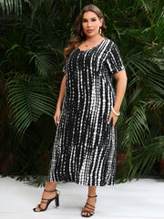 Plus Size Dress for Woman Summer V Neck Short Sleeve White Black Striped Print