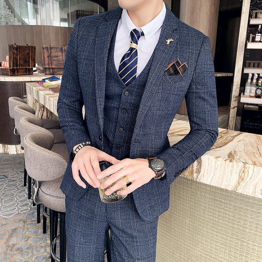 Modified Plaid Men (suit + Vest + Trousers) Stylish and Handsome Business