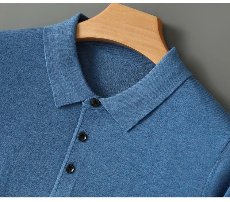 Spring Autumn Men Shirt  Merino Worsted Wool Knitted Pullover Long Sleeve Polo-Collar Clothing Tops Smart Casual Thin Outerwears