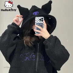 Cartoon Kuromi Clothes Women Black Embroidery Hoodies Aesthetic Tops Autumn Coats