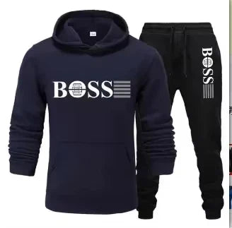 Winter and autumn fleece thickened hooded pullover sweater jacket for men, casual sports outfit, two-piece set for men