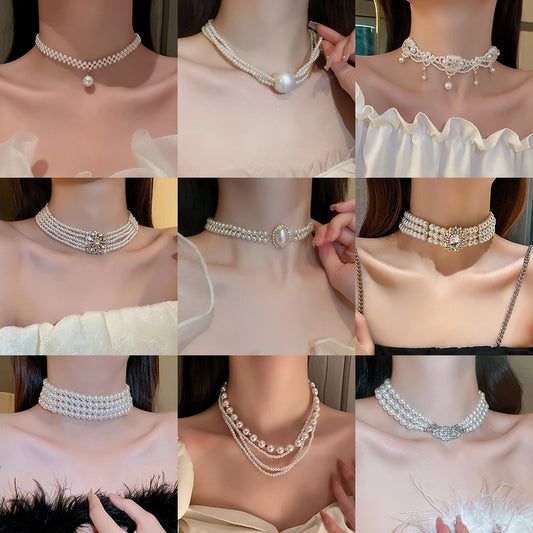 Multilayer Pearl Choker Necklaces for Women Short Geometric Crystal Chokers Necklace