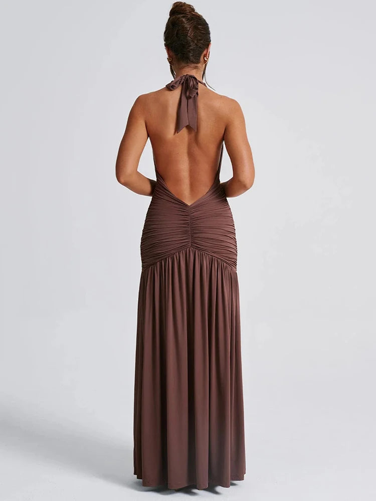 Mozision Halter Deep V Neck Backless Maxi Dress For Women Fashion Solid Sleeveless Thigh High Split Sexy Long Dress Elegant