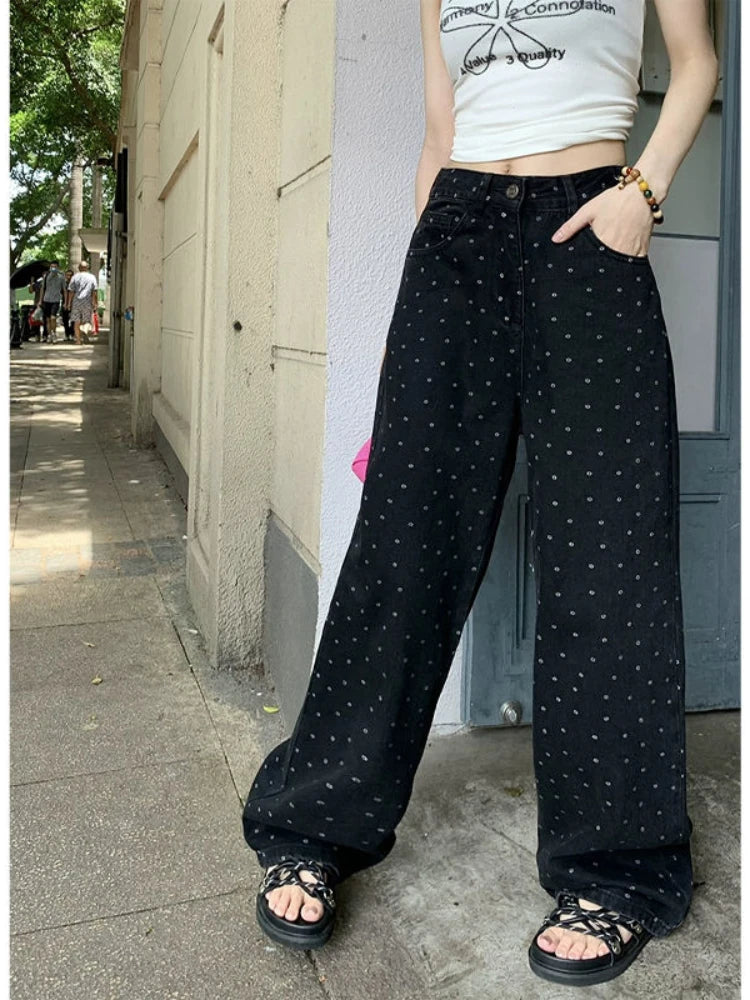 Black Polka Dot Straight Jeans Women High-waisted Loose Wide Leg Pants