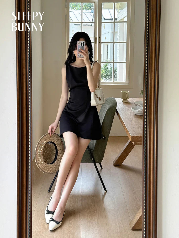 French Black Sleeveless Mini Dress Women Summer Slim Fit A-Line One-Shoulder Strap Dress Petite Elegant Casual Vacation Outfit