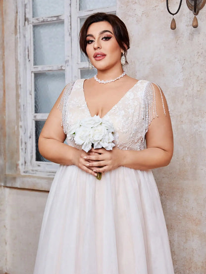 Mgiacy plus size V-neck embroidered lace Patchwork beaded chain fringe gauze wedding gown Full skirt Evening gown Ball dress