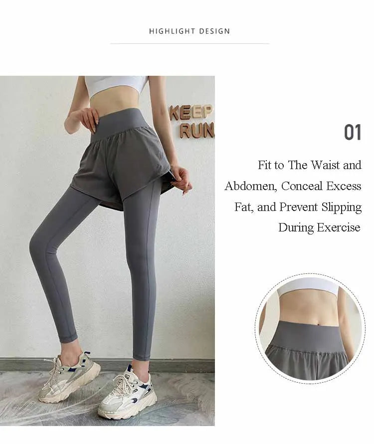 Women Gym Yoga Pants Fake 2 Pieces Sports Pants With Shorts Quick Dry Outdoor