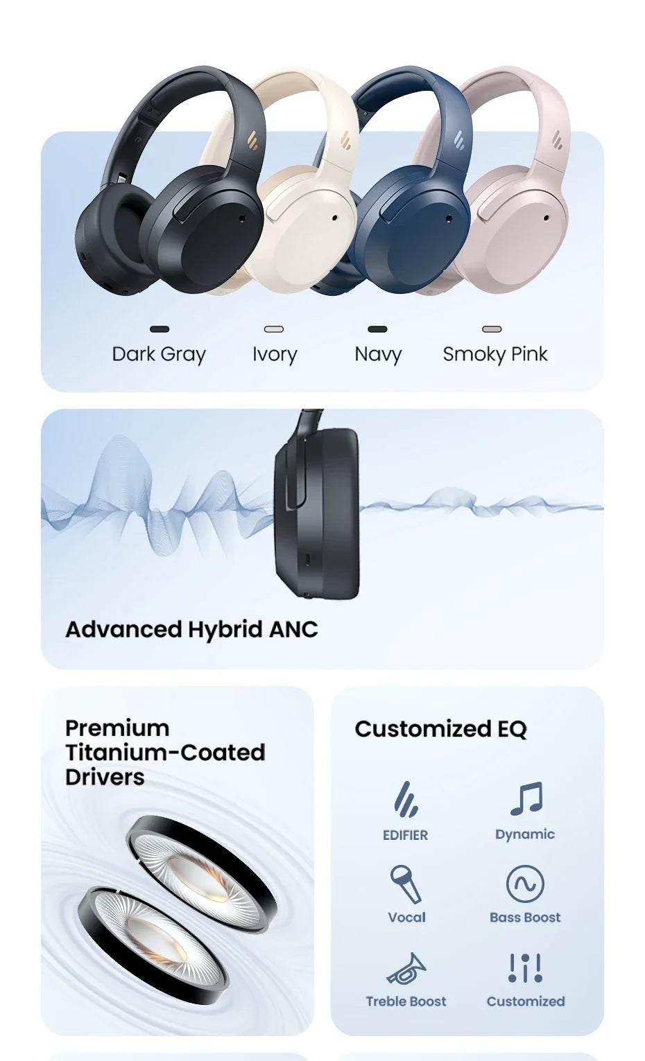 Edifier W820NB Plus(2025 Ver.) ANC Wireless Headphone Bluetooth 6.1 Over-ear Headset -49dB Noise Canelling Earphone Hi-Res Audio