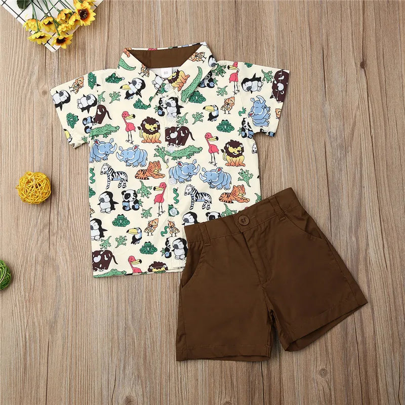 1-5years Kids Boys Clothing Set Fashion Zoo Monkey Tiger Animal Shirt For Boys Tops Green Shorts Set Boys Outfits
