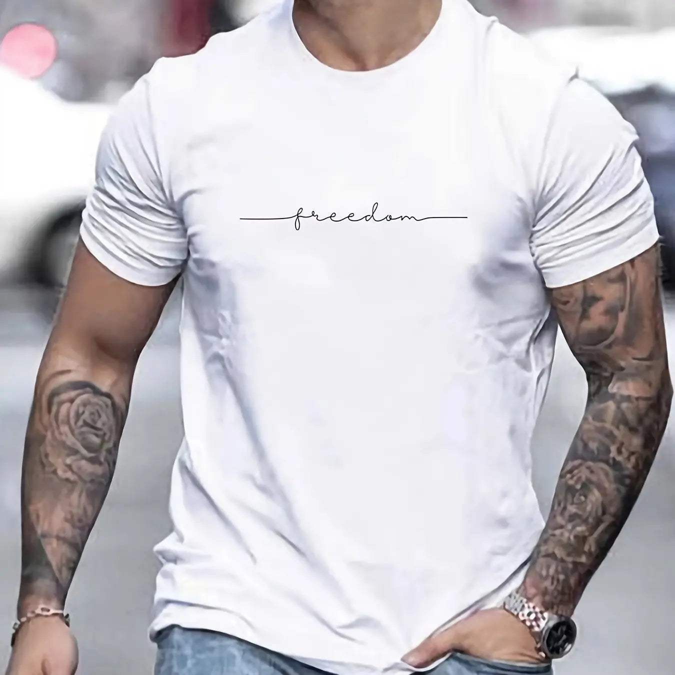 Men's Summer Loose Size 100% Cotton Freedom Graphi Print Casual Slim Fit Round Neck Short Sleeve T-shirt Top