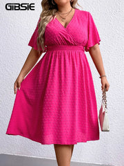 GIBSIE Plus Size Swiss Dot Surplice Neck Butterfly Sleeve Dress Women