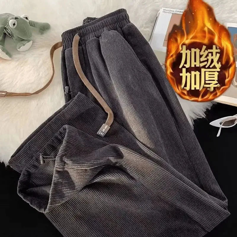 Autumn Fashion Women Corduroy Sweatpants Bf High Waist Drawcord Korean Solid