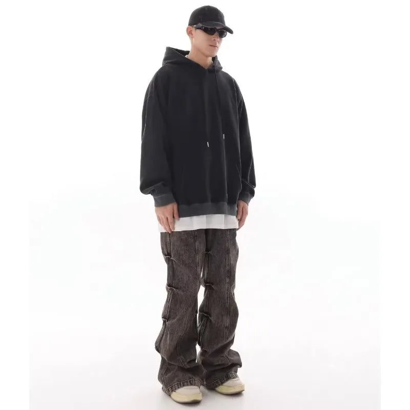 Vintage Pleated Design Jeans Men Women Grey Distressed Wide Leg Pants